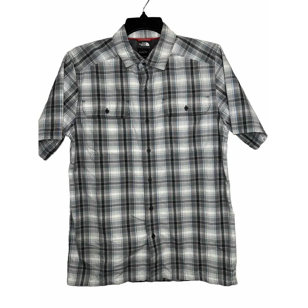 The North Face Shirt Pine Knot Woven Mens‎ Size  S Gray Blue Plaid Short Sleeve